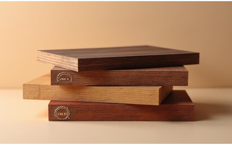 Stack of various premium wood planks: oak, walnut, and cherry, with sustainability certifications visible