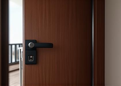 Contemporary dark wood smart door in an upscale apartment lobby. The door features a discreet biometric scanner and a sleek, minimalist handle. Natural light highlights the wood grain and sophisticated aesthetic.